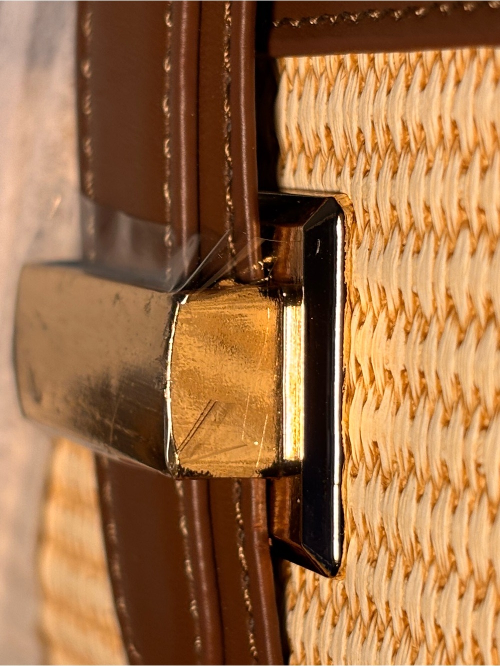 Woven Straw Top-Handle Bag with Brown Leather Trim - Picture 9 of 9